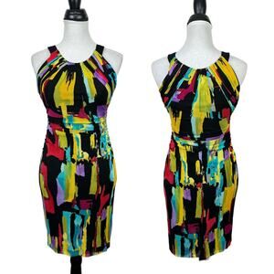 Kay Unger Black Colorful Brush Stroke Artsy Print Sleeveless Mesh Bodycon Dress